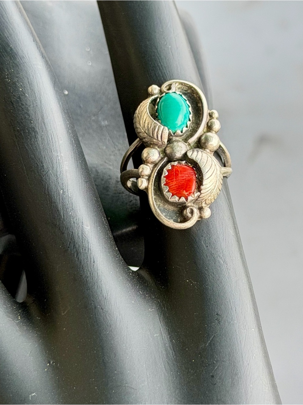 Sadie Calvin Navajo Sterling Silver Turquoise Coral Statement Ring Sz 4.5